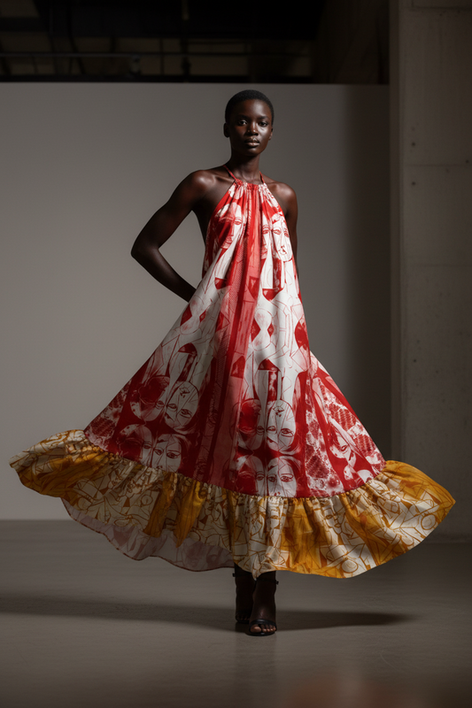 Aria Drawstring Halter Silk Maxi Dress