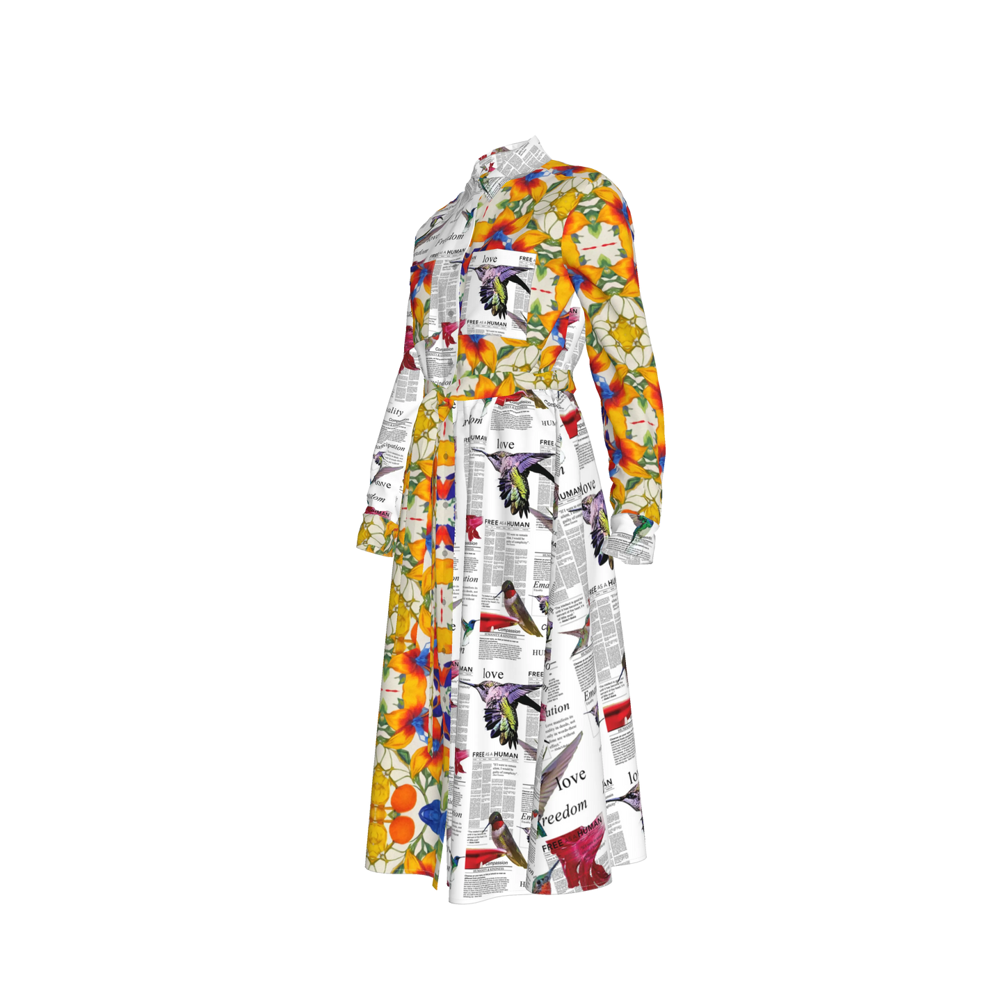 Malaika Belted Silk Shirt Dress - Mixed Floral/Newsprint