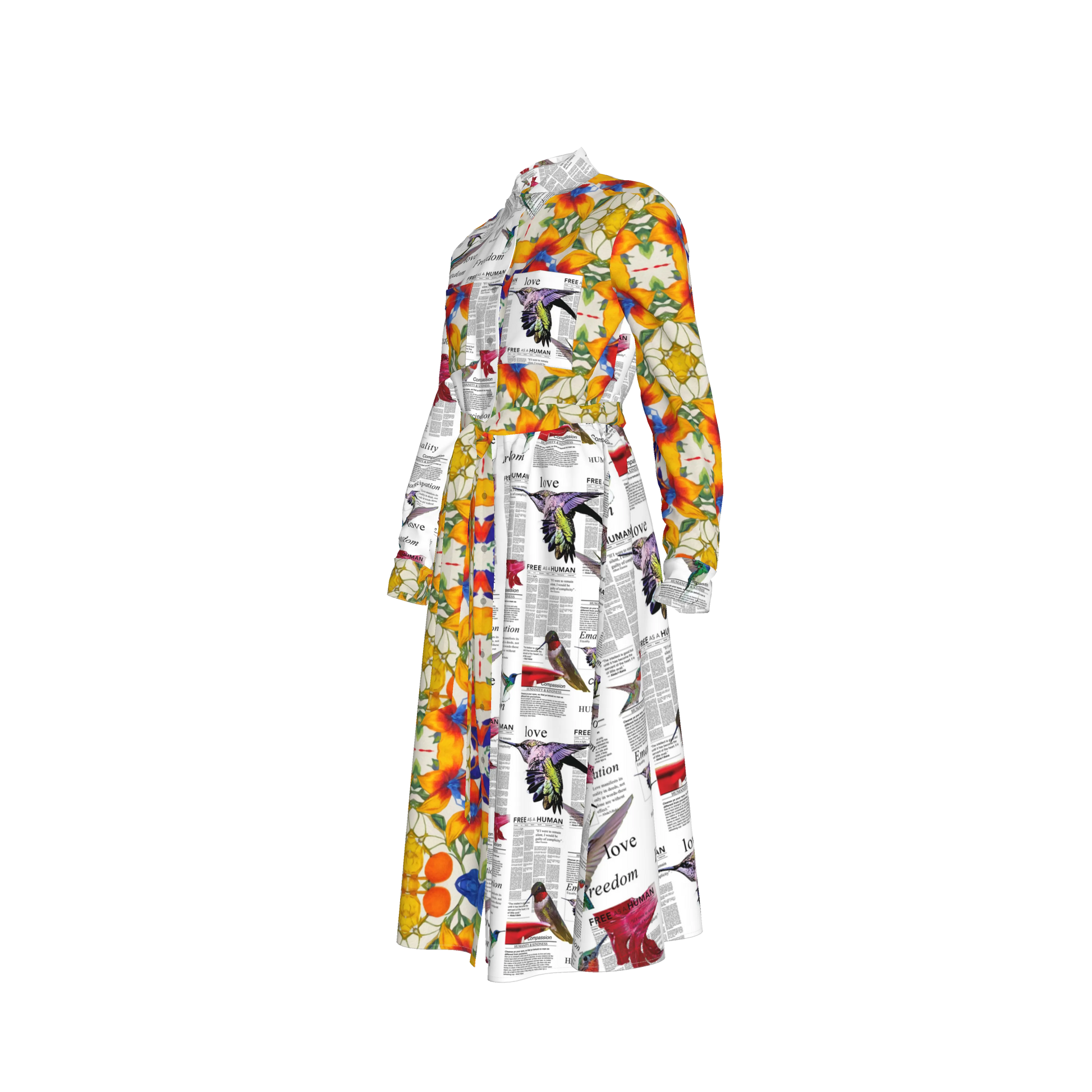 Malaika Belted Silk Shirt Dress - Mixed Floral/Newsprint