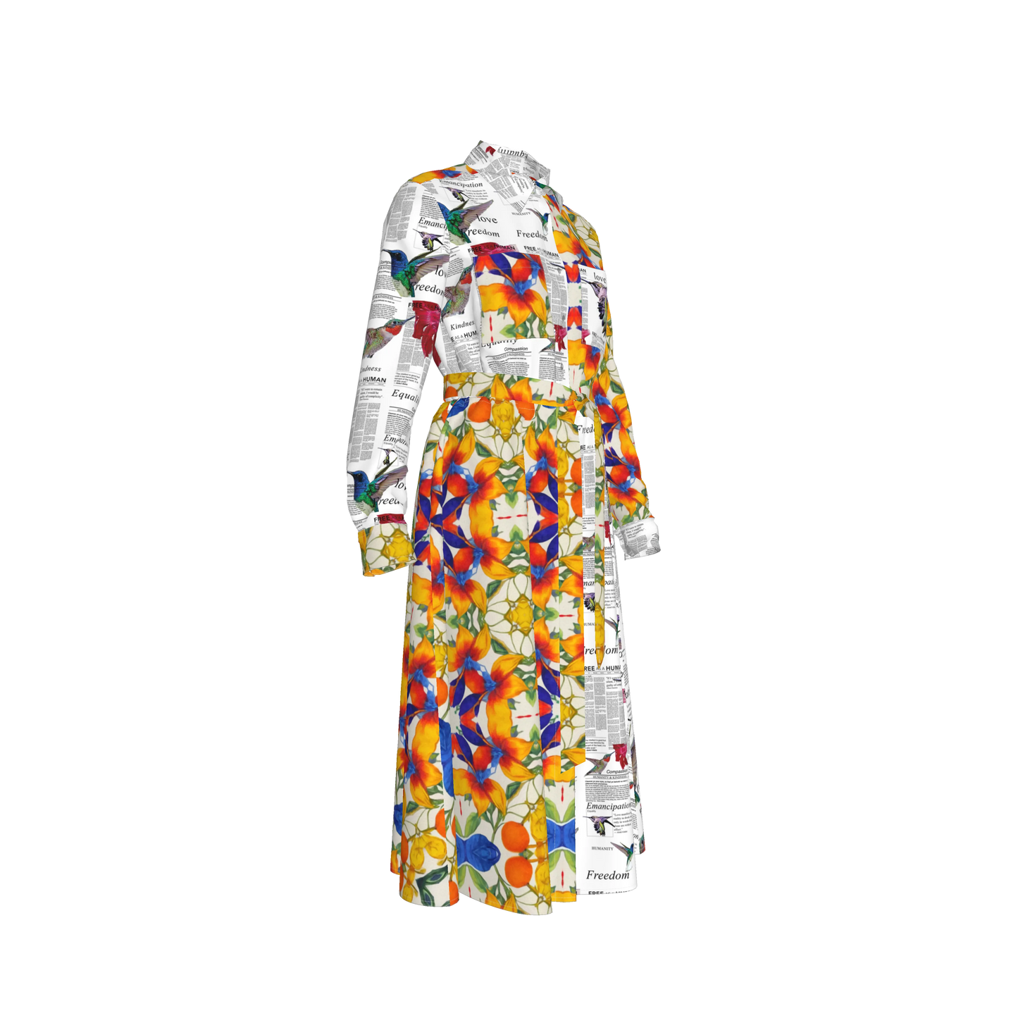 Malaika Belted Silk Shirt Dress - Mixed Floral/Newsprint
