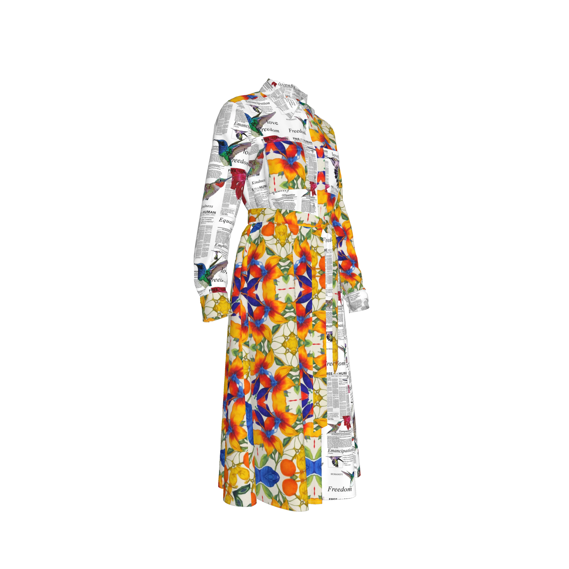 Malaika Belted Silk Shirt Dress - Mixed Floral/Newsprint