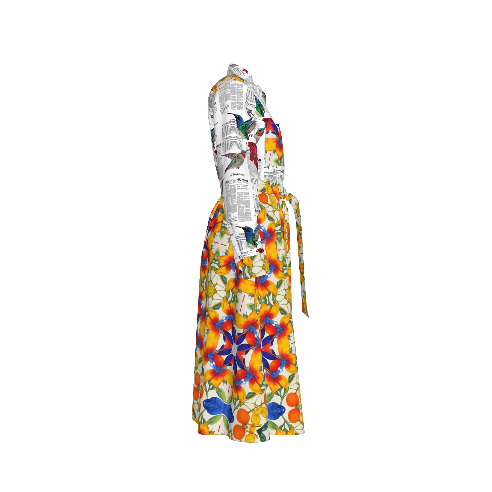 Malaika Belted Silk Shirt Dress - Mixed Floral/Newsprint